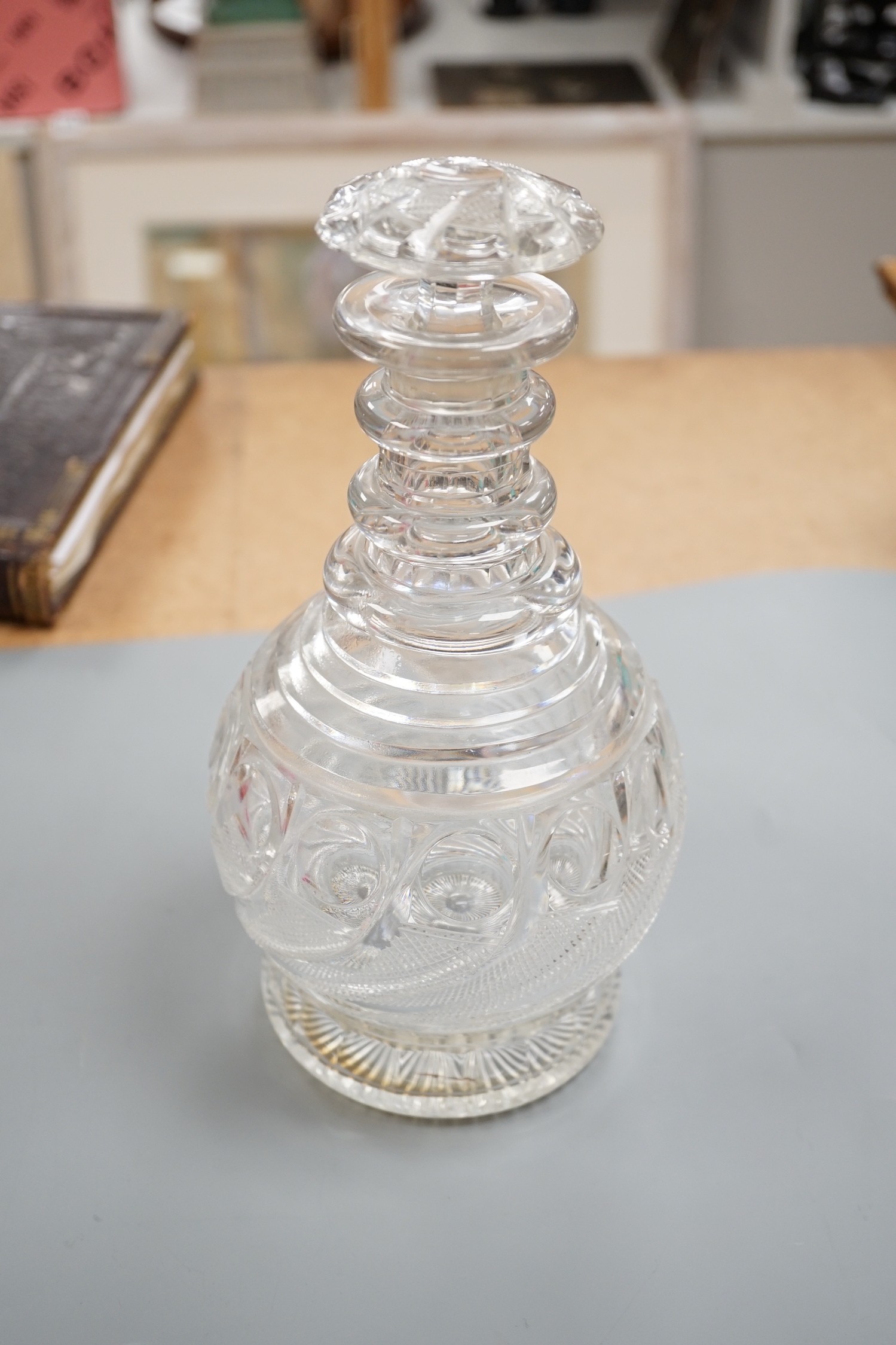 Assorted 19th and 20th century drinking glasses, rinsers, an etched vase, a pair of cut glass decanters and a late Georgian Anglo-Irish decanter and stopper